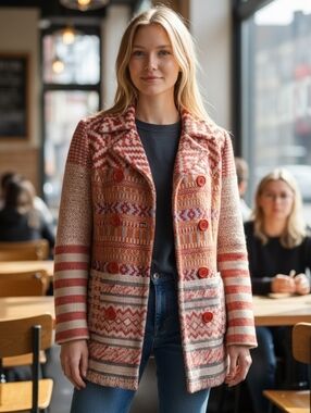 Desigual Boho Patchwork Knit Jacket Red Cream Double Breasted Coat Women
